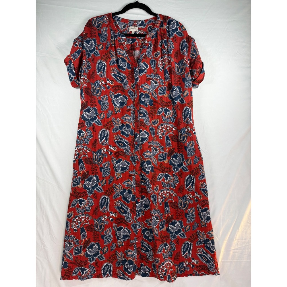 Wonderly Womens Rust Floral Paisley Gauze Button‎ Front Midi Dress Pockets Large